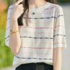 Ice Silk Short Sleeved T-shirt for Women Slimming Color Striped Plus Size Summer Thin Knit Top