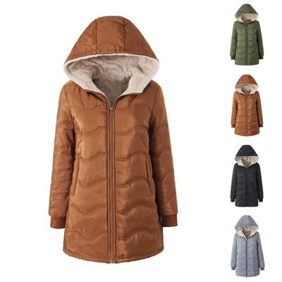 Damenmode und Freizeit Geometrische Welle Kapuze Lammwolle Verdickter Warmer Baumwollmantel Mittellange Jacke Baumwollkleidung