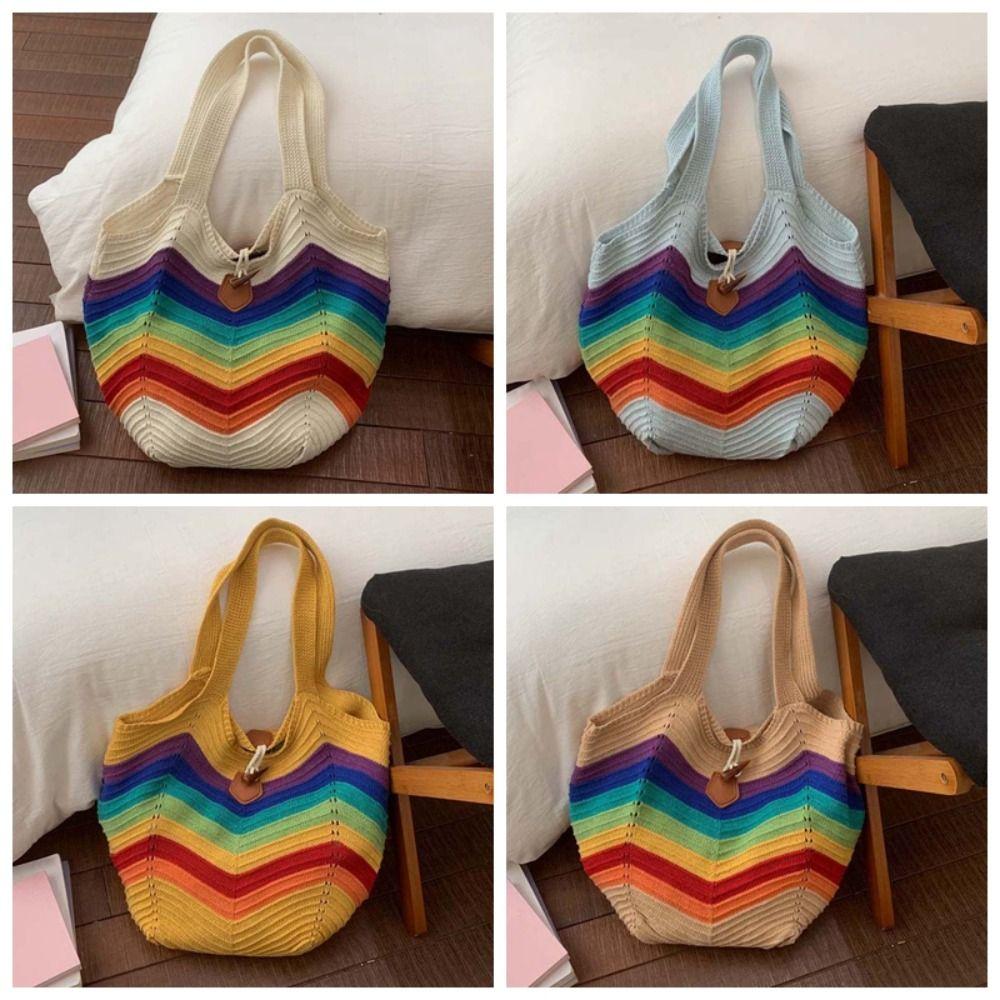 Breathable Crochet Shoulder Bag Large Capacity Seaside Vacation Handbag Knitted Tote Bag  Female