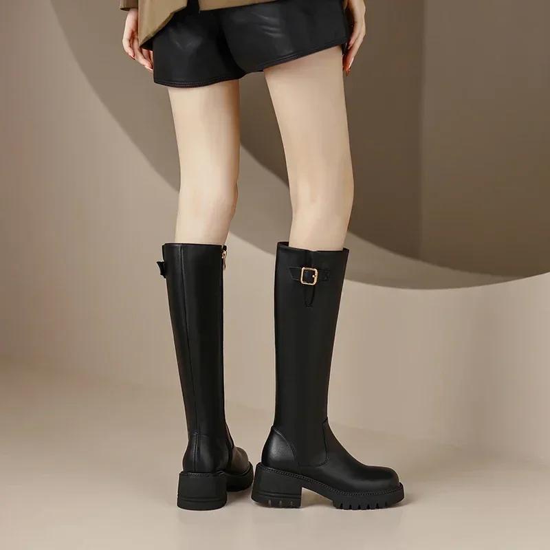 Women's Shoes on Sale 2024 High Quality Side Zipper Women's Boots Winter Round Toe Solid High Tube Chunky Heels Boots