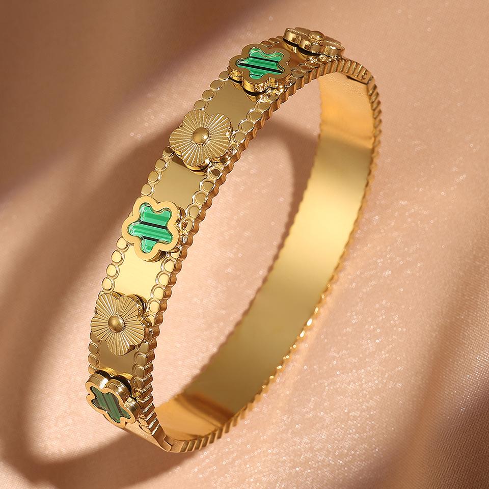 ZAKOL Trendy Lucky Five Leaved Flower Stainless Steel Bangles For Women Girls Gold Color Metal Wristlet Bracelets Zircon Gifts