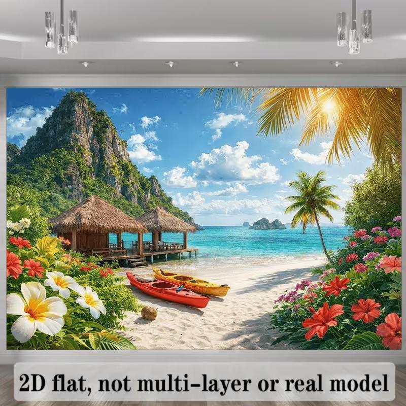 2D Tropical Beach Backdrop Island Mountain Photography Background