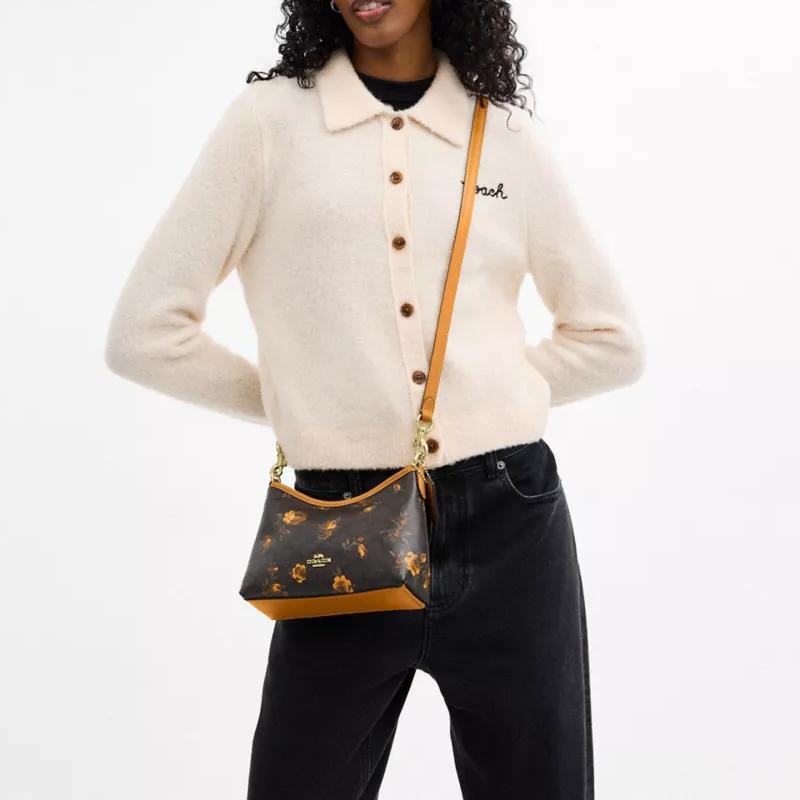 Coach Laurel 19 Floral Print Design Coated Canvas Crossbody Shoulder Bag Small Women's Walnut with Yellow