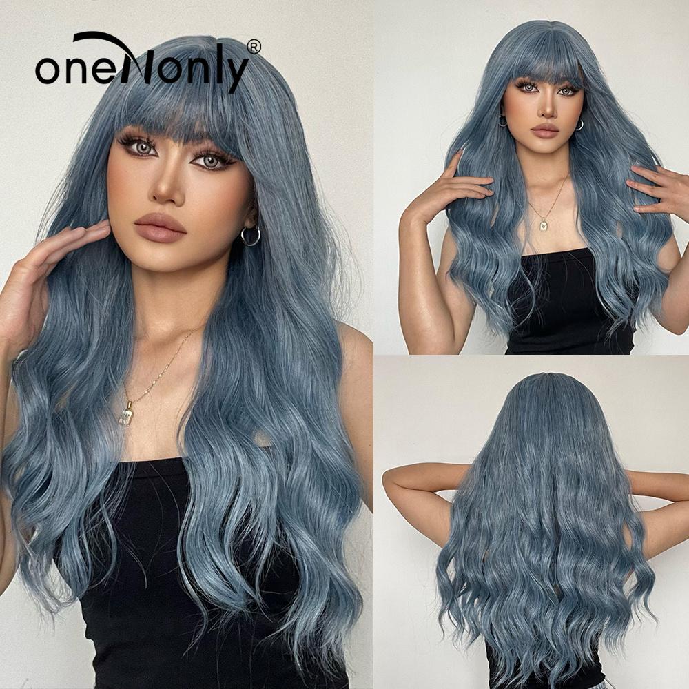 oneNonly Long Body Wave Ombre Brown Pink Synthetic Wigs with Bangs Natural Wave for Women Cosplay Natural Wig Heat Resistant