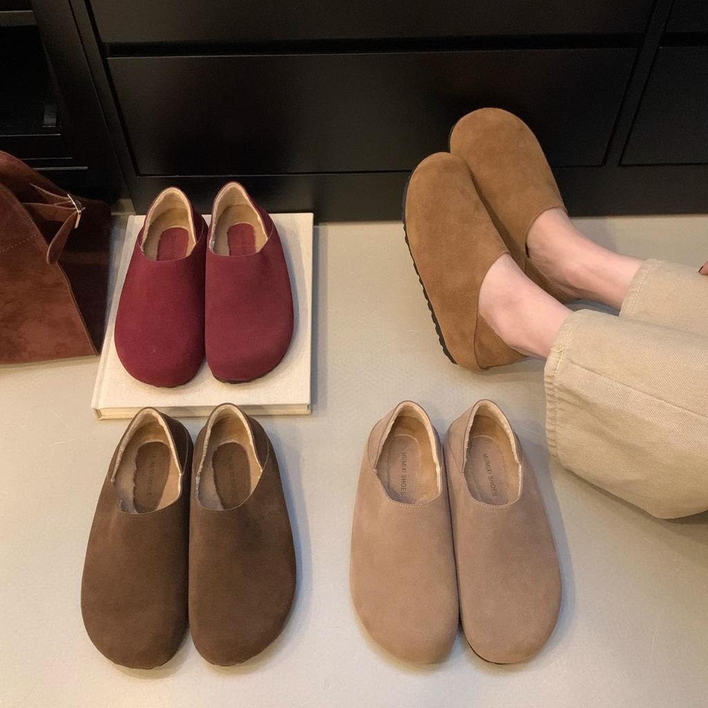 Soft leather version~ Boken shoes women's velvet Doudou shoes 2025 autumn and winter big head ugly cute shoes retro two wear lazy shoes