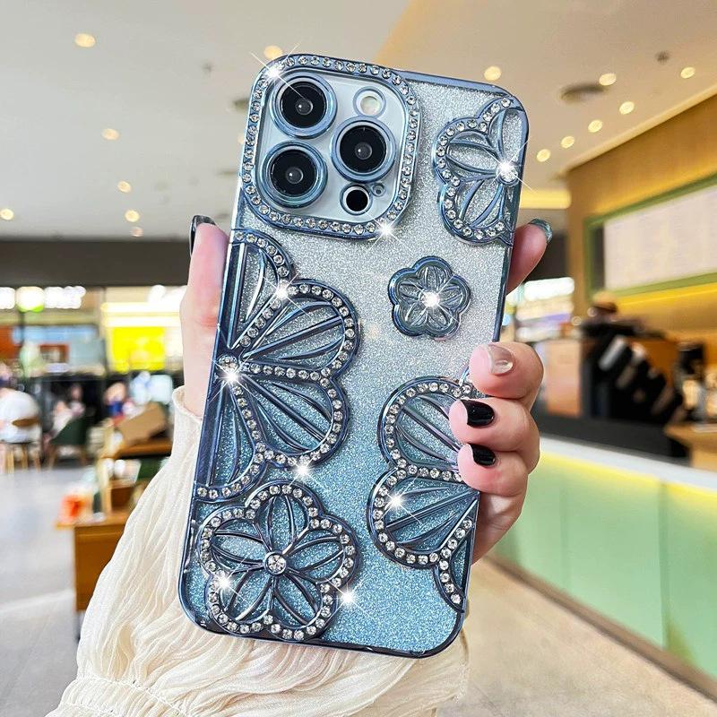 Glitzernder Farbverlauf Strass Blume Handyhülle für Apple 17 Pro Max - Mädchenhafter Stil (Passend für 11/12/15/16)