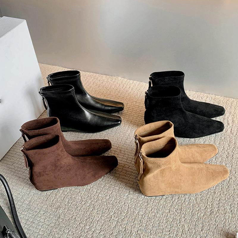 Sheepskin~ Korean retro suede versatile~ 5cm inner height increase minimalist small square head rear zipper thin boots short boots women