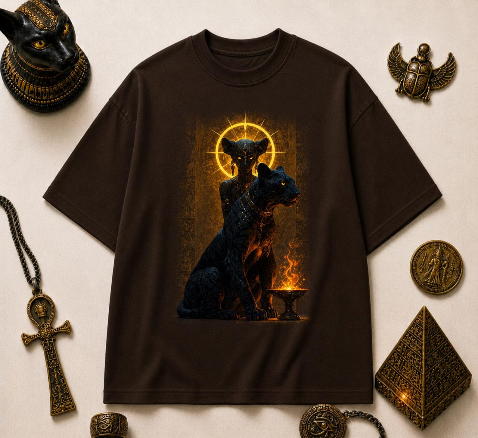 Egyptian Cat Goddess T-Shirt – Bastet Panther Golden Halo Graphic Tee XL