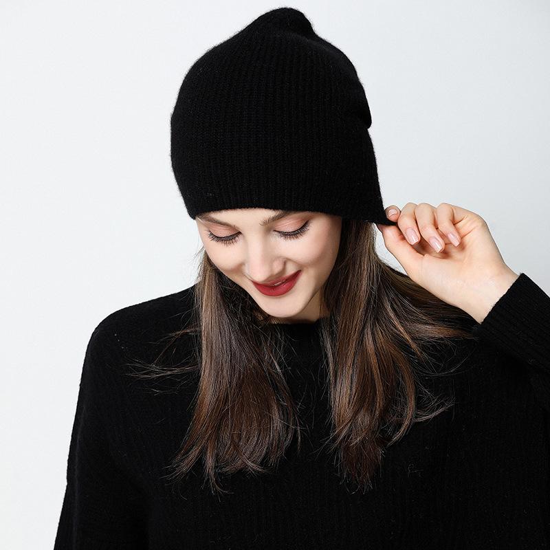 Women's 100% Pure Cashmere Korean Style Striped Hat - Hand-Knitted, Warm, Brimless Dome for Autumn & Winter