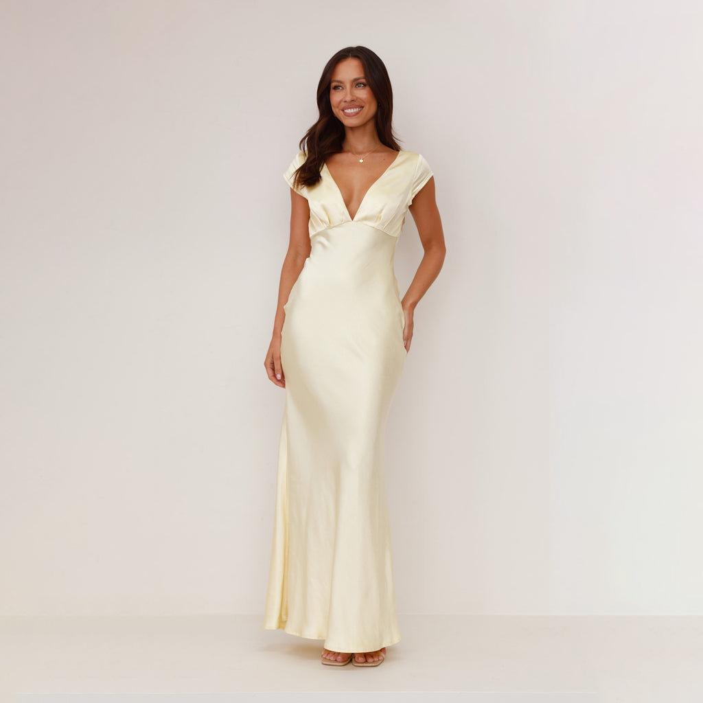 Women s new sexy deep V slim backless temperament dress women s medium and long skirt S светло-желтого