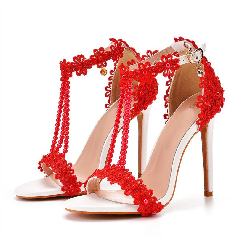 Big Size 43 44 45 Women Sexy Stiletto Sandals Summer Fashion Pearl Flowers Ankle Strap Elegant High Heels Party Prom Shoes