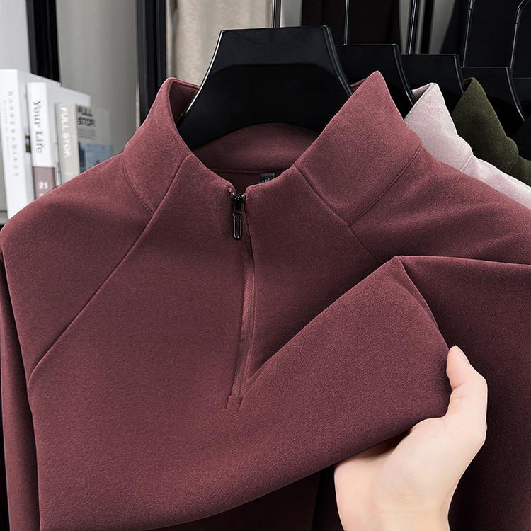 Men's Heavyweight Fleece-Lined Hoodie with Stand Collar, Half-Zip, and Thick Fabric; Solid Color Autumn/Winter Style.