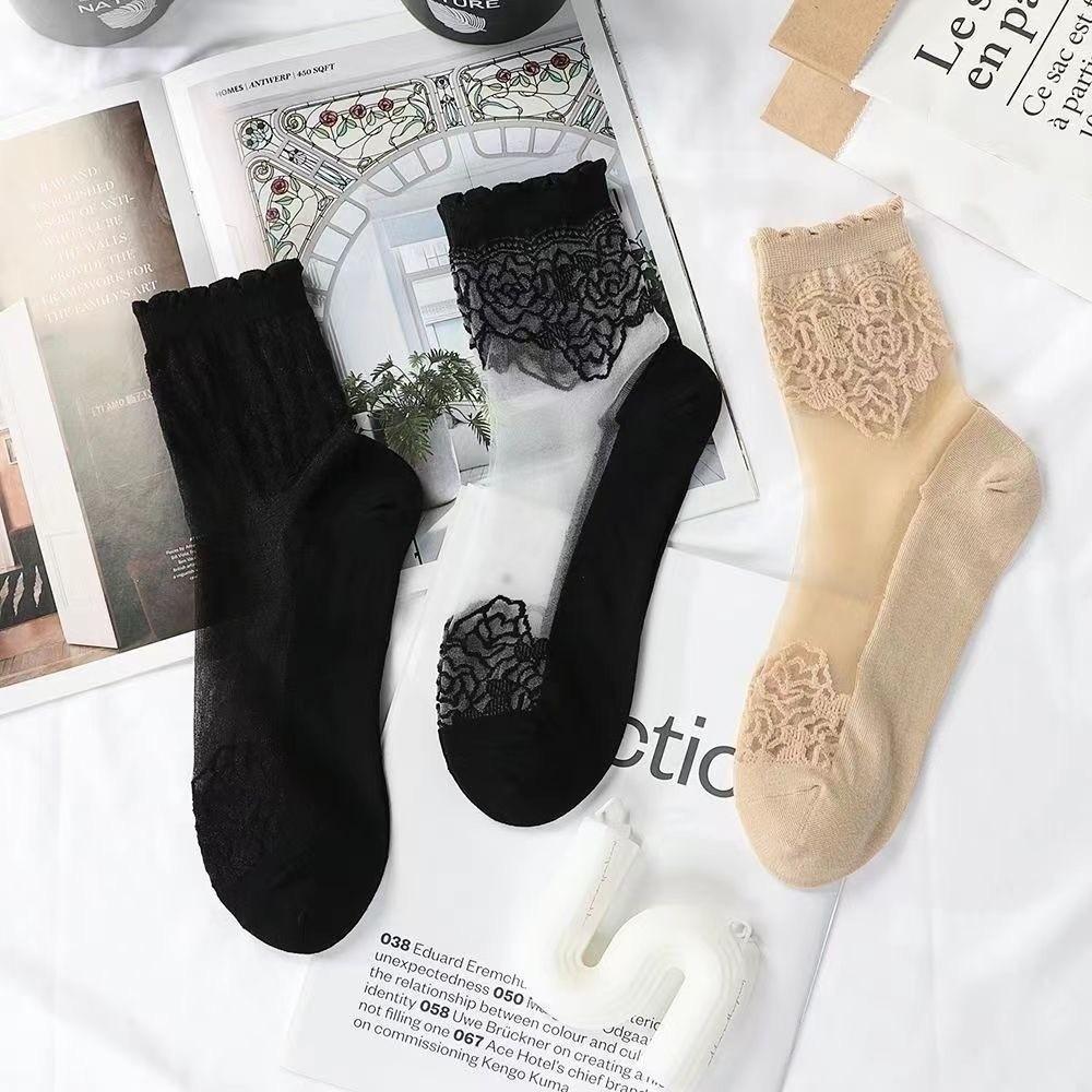 Non-Slip Invisible Lace Socks Hollow Sheer Shallow Transparent Socks Soft Lace Boat Socks Women