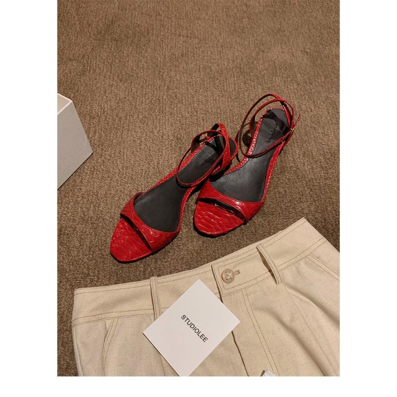 Sheepskin version round head open-toed one-word high-heeled sandals women's summer wear cool slippers