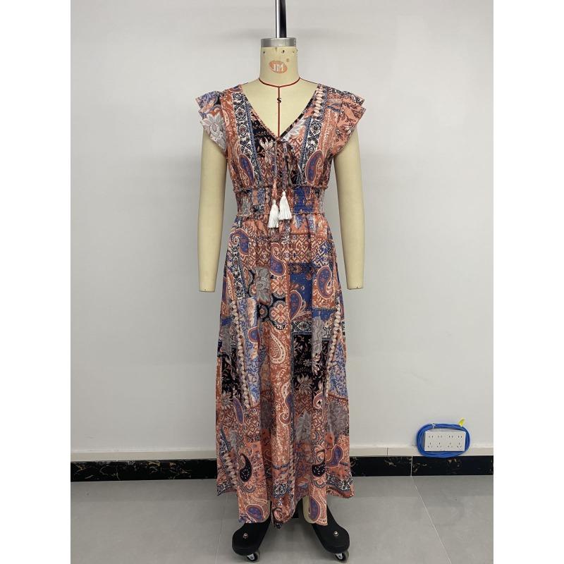 Dámské letní áčkové šaty s potiskem, boho šaty bez rukávů