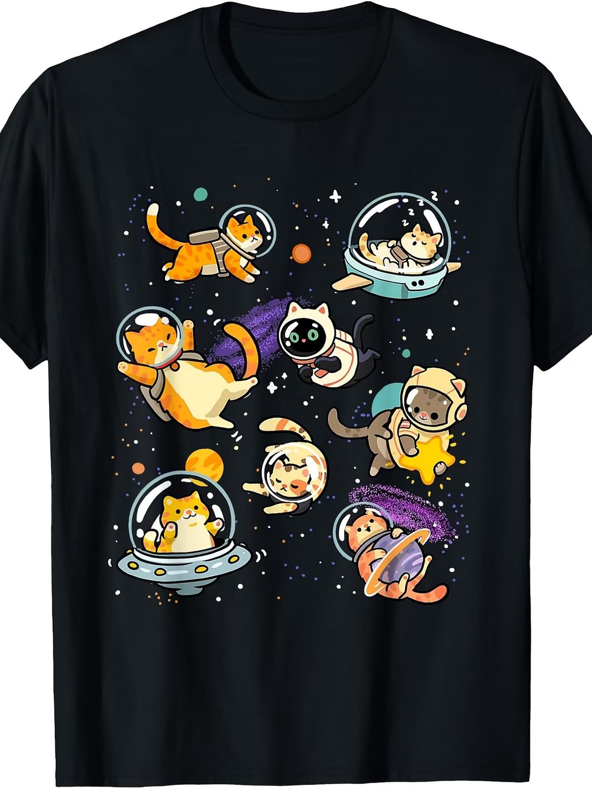 Humorous Galaxy-Themed Cat Astronaut T-Shirt Featuring Cats in Space, Suitable f XXXXL