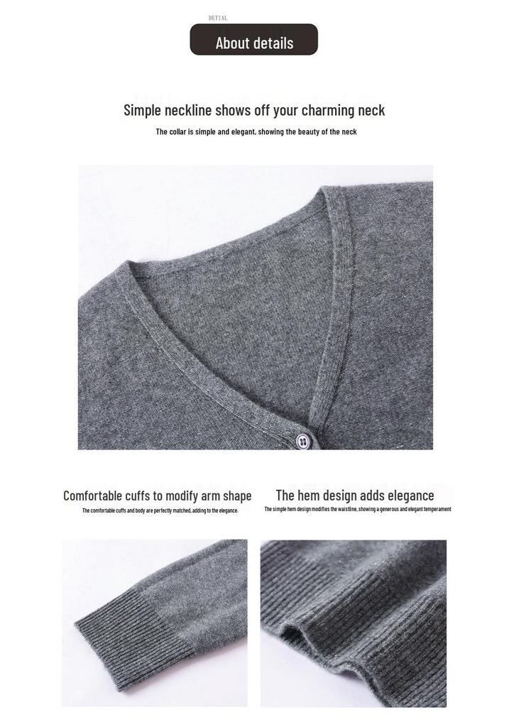 Women's V-Neck Pure Wool Cardigan Sweater - Solid Color, Long Sleeve, Trendy Casual Outerwear.