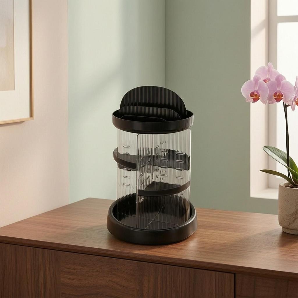 Cylindrical Rotating Skincare Organizer with Dividers Transparent Degree Makeup
