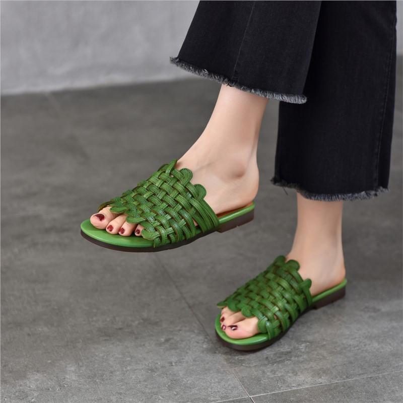 Johnature Chaussons Plats d'Extérieur en Cuir Véritable Tissés à la Main Chaussures Slip-on Décontractées Polyvalentes pour Femmes