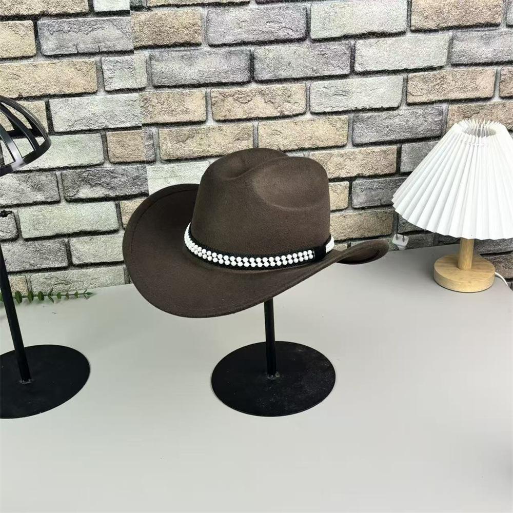 European and American Style Woolen Pearl Accessories Cowboy Hat Woolen Pearl Cowboy Hat Autumn and Winter Cowboy Hat Grassland Knight Hat