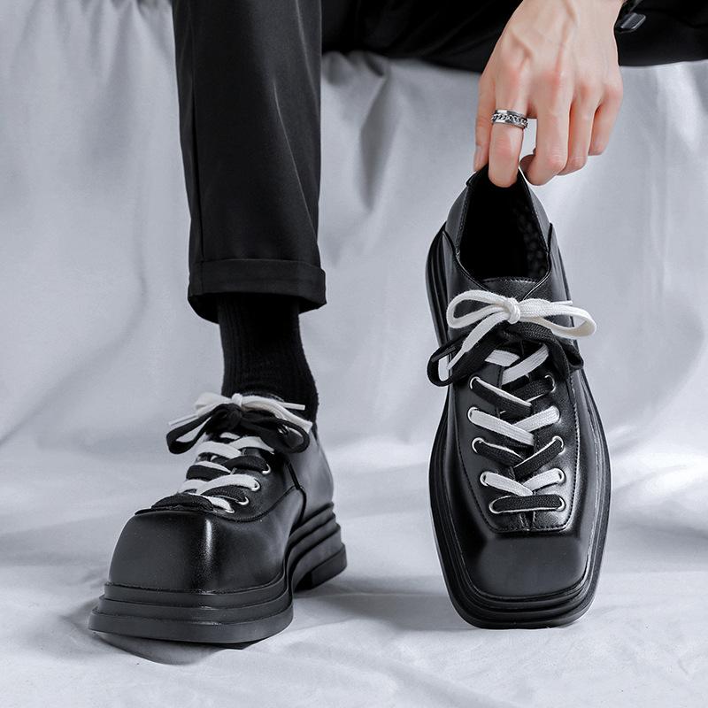 Men Fashion Original Leather Shoes  Designer Square Toe Oxfords Shoe Punk Rock Dress Black Trendy Platform Footwear Zapatos