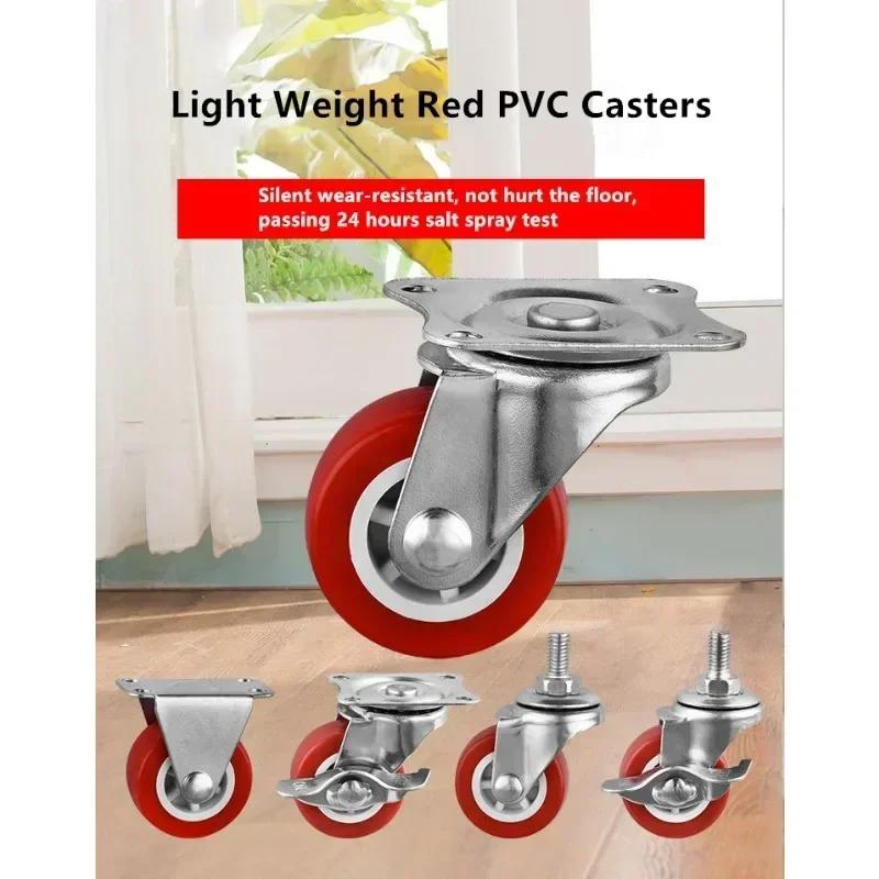4 Pcs/Lot 1.5/2/2.5/3 Inch Casters M8/M10 Screw Fixed/Universal/Brake Wheels Silent Coffee Table Pulley Light Furniture Red PVC