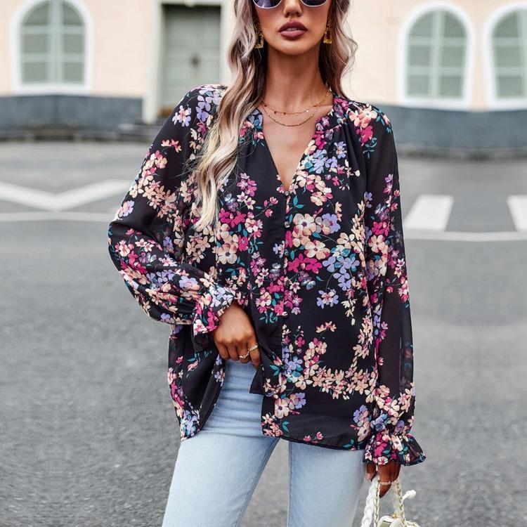 Elegant Women Autumn Floral Blouse Button Tops Shirt V Neck Lantern Sleeve