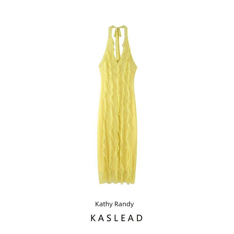 Kaslead New Women clothes Western Style Fashion Simple Solid Sexy Hanging Neck Backless Dress