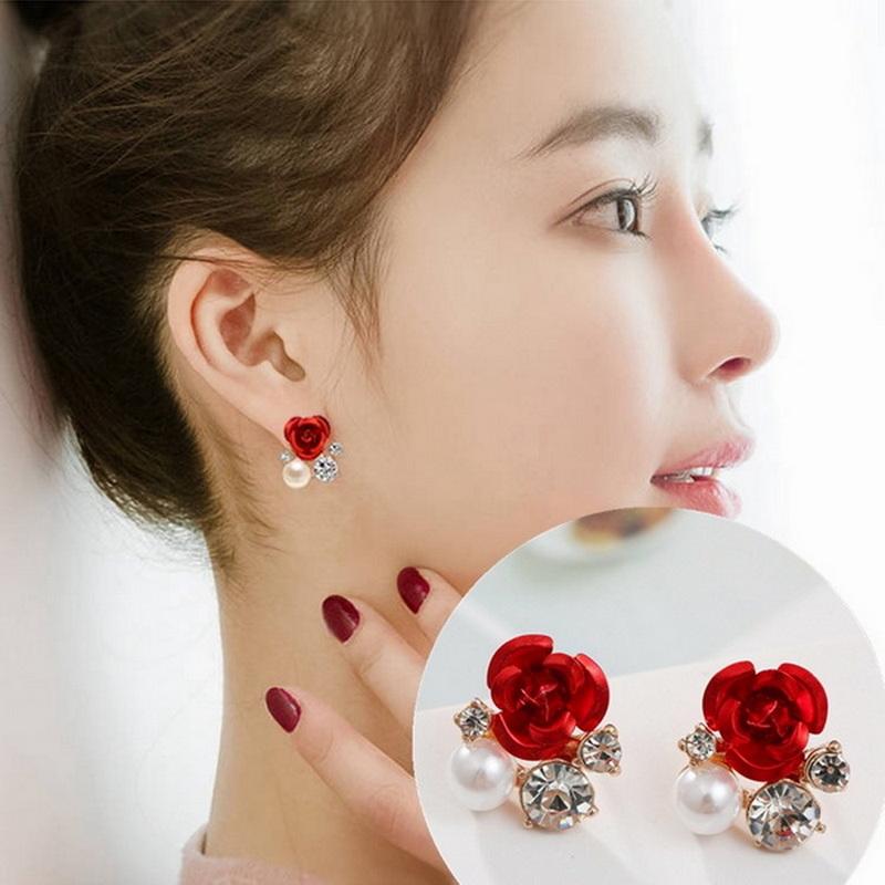 Boucles d'oreilles en strass Rose rouge pour femmes, bijoux de fiançailles, de mariage, ailes d'ange, papillon, perles, fleurs