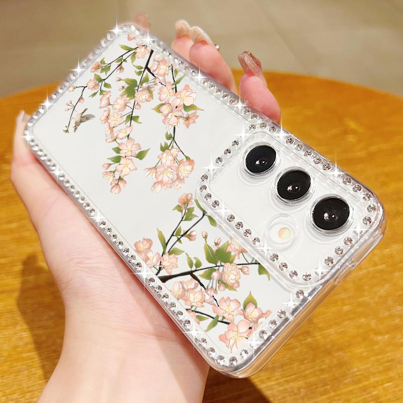 Silver Rose Flowers Diamond Case For Samsung Galaxy S25 Edge S24 Ultra S23 S22 S21 FE A54 A15 A35 A55 A16 A26 A36 A56 5G Capa