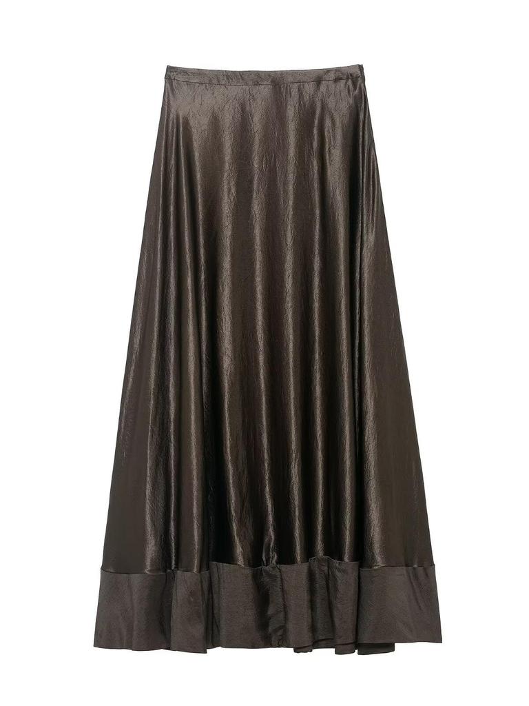European Women's Beaded Sequin Embroidered Silk Satin Lace Trim Midi Skirt