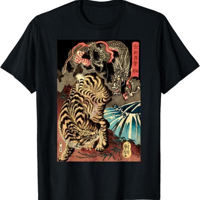 Camiseta Japonesa Dragão Lutando Contra Tigre Gigante Vintage Retro