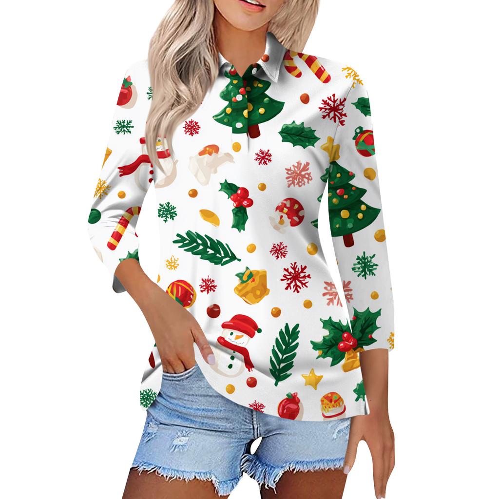 Women's Fashion Casual Button 3/4 Sleeve Vintage  Print Lapel Top