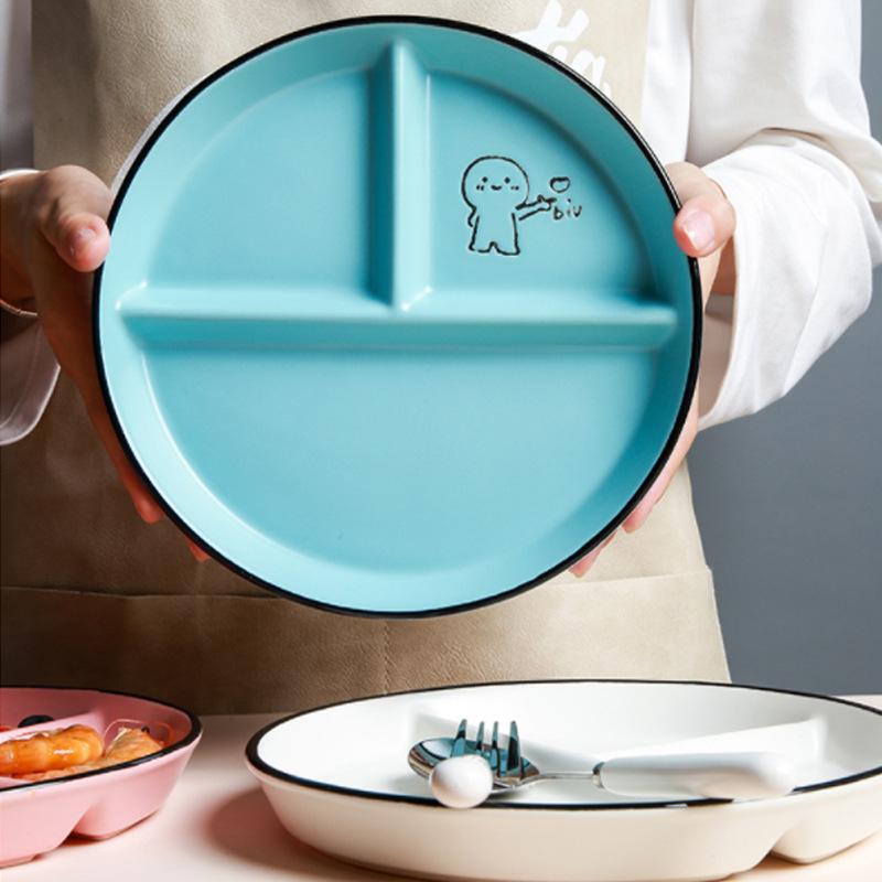 Children's Disc Divided Meal Ceramic Plate Student  Fat Reducing  Three Compartment  Household Dessert