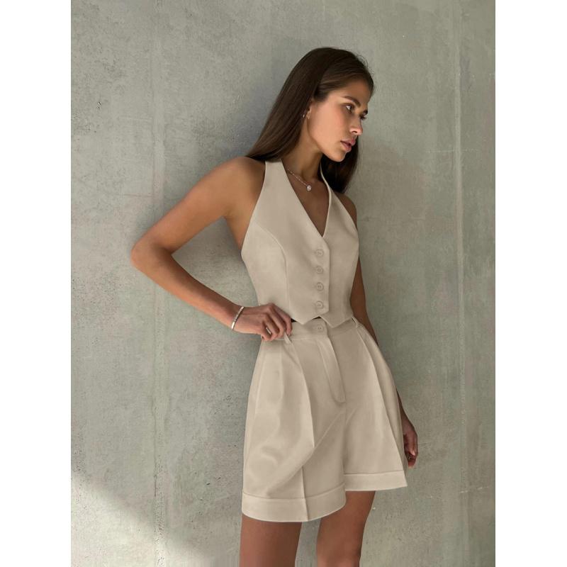 Women Sleeveless Button Vest + Pleated Shorts Set New Summer Tops Two-Piece Suit For Women