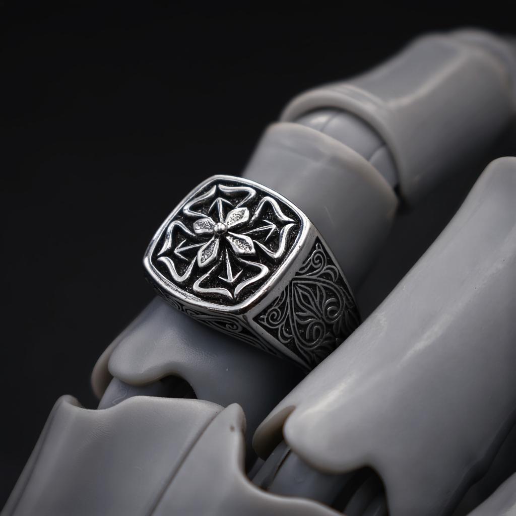 Retro "Floral Edge" Four-leaf Clover Adjustable Open Ring For Men Silver-plated Copper Gothic Punk Edgy Jewelry Accessories Gift