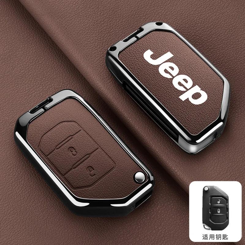 For Jeep Metal Leather Car Key Case Cover Shell Keychain for Jeep Wrangler Gladiator JL JLU Rubicon Sahara JLU JT 2018-2022 A