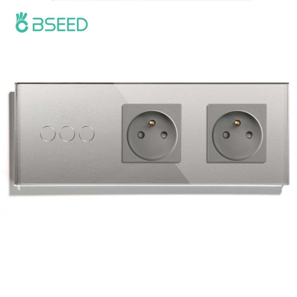 BSEED 1/2/3Gang Touch Light Switches 1Way Sensor Switch With Type-C USB French Wall Sockets Glass Panel Blue Backlight Gray