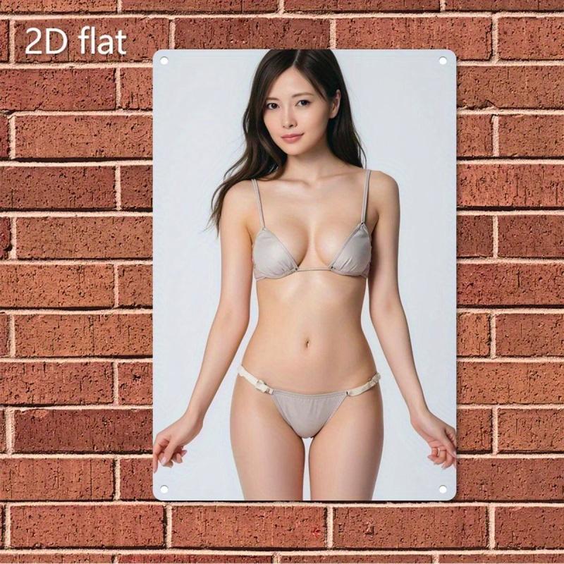 Hisun Tin Sign HD Metal Tin Sign Gorgeous Japanese Model in Beige Bikini Retro Metal Wall Art for Home Decor x Inch