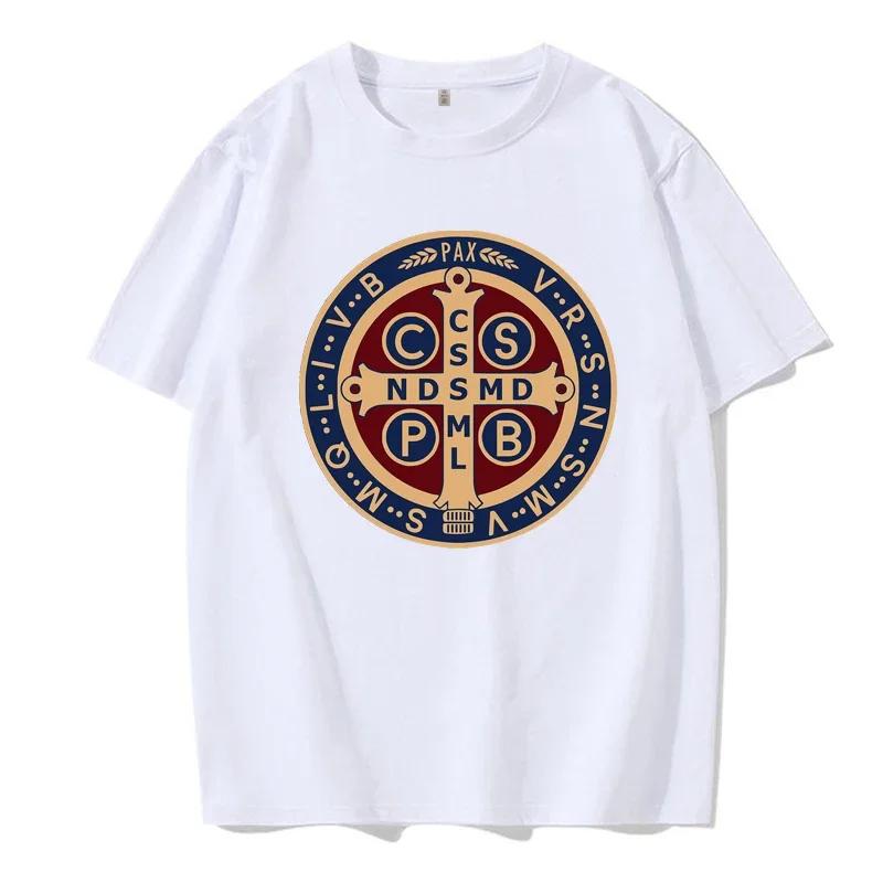 The Saint Benedict Medal Catholic Pullover Tees Camisas Men Slim Fit Mens T Shirt Printed T Shirt Cotton