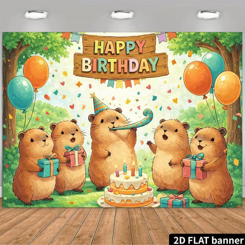 

2D Capybara Happy Birthday Backdrop Outdoor Party Photography Background 47.2x31.5inch/120*80cm