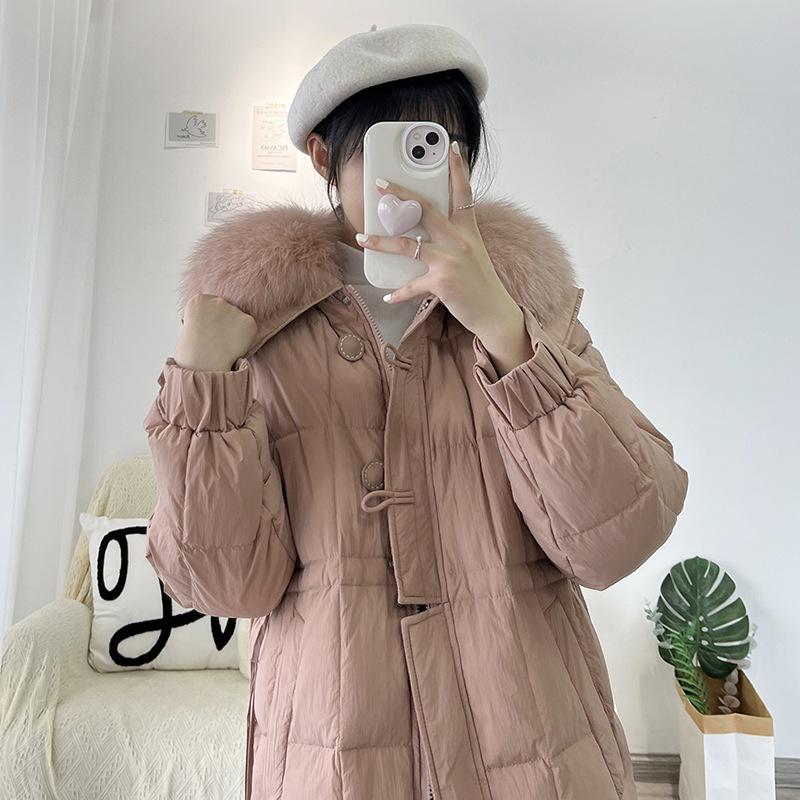 

Light luxury fox fur collar down jacket women s medium and long 2025 new sweet loose thickened knee shell model M