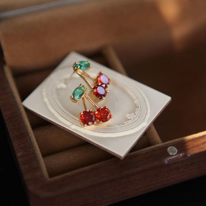 Red Zircon Cherry Leaf Stud Earrings Women Piercing Jewelry For Fashion Crystal Dangle Party Prom Birthday Wedding Gifts