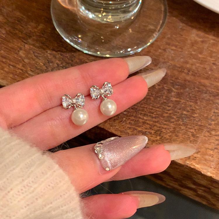 

S925 Silver Needle Light Luxury Niche Delicate Zircon Bow Earrings Women S Tide Premium Pearl Earrings Earrings