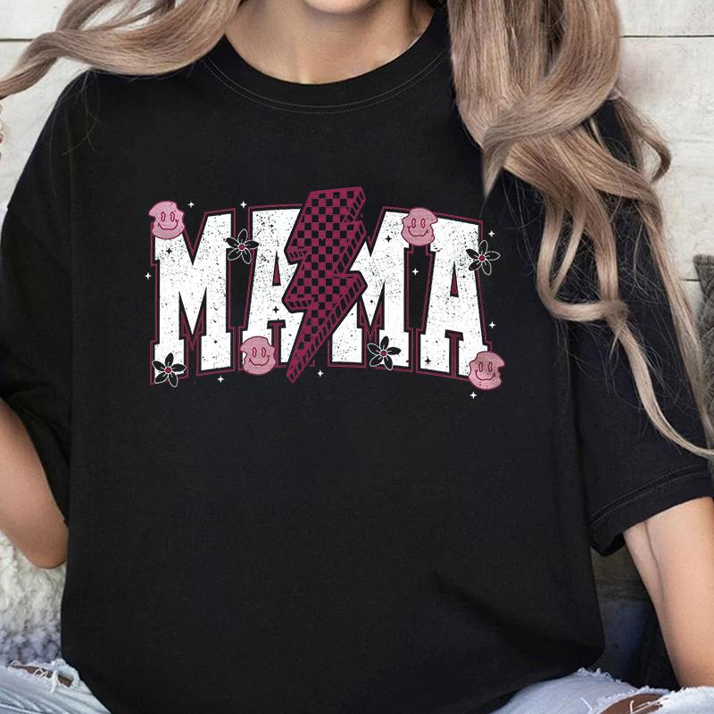 Leopard Lightning Mama Graphic T Shirts Cute Flower Bow Mom Life Vintage T Shirts New Mom Gift Wildflowers Mama Crewneck T-shirt