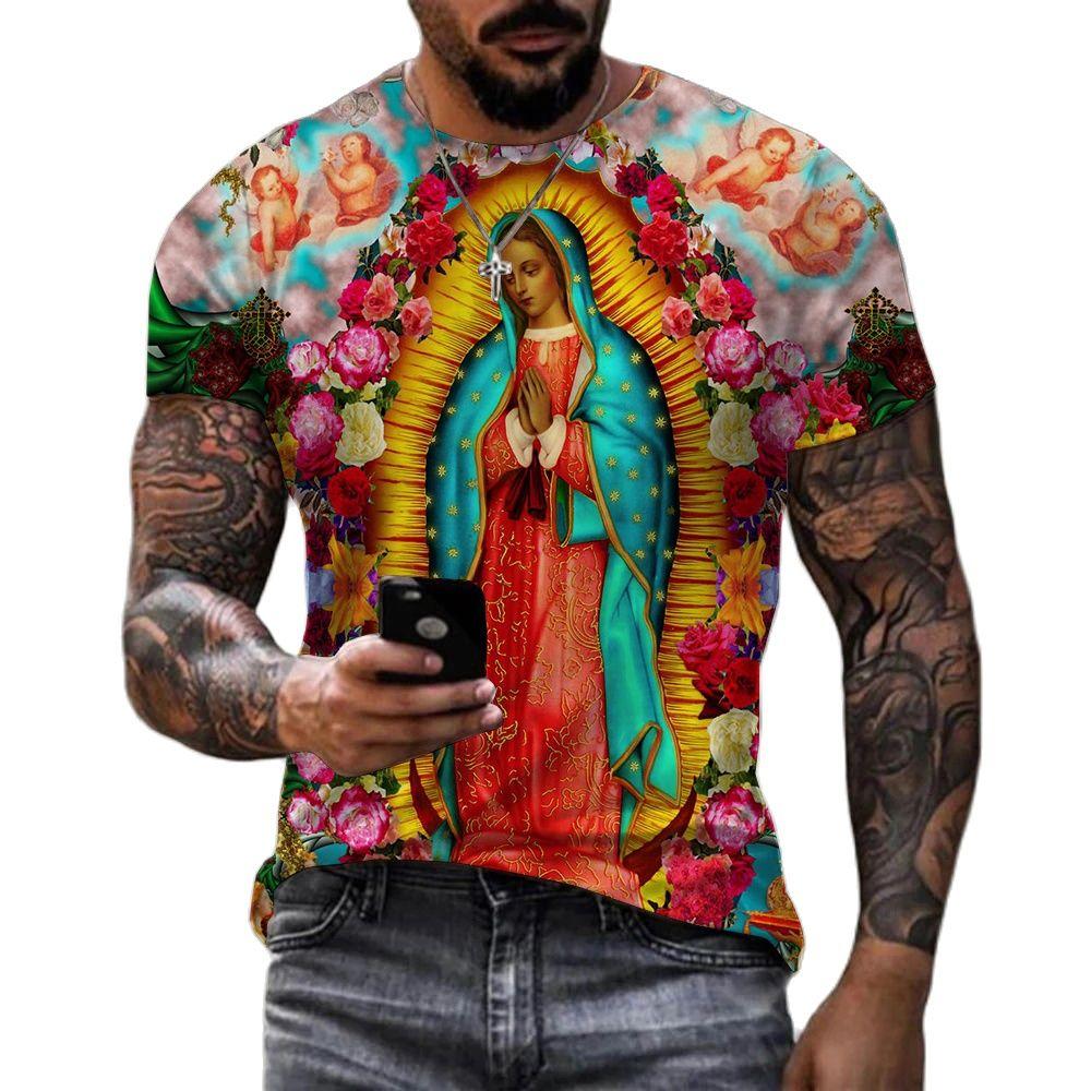 Summer Round Neck 3D Guadalupe Virgin Mary Catholic Print Top Fashionable Casual Short Sleeved Men's T-shirts