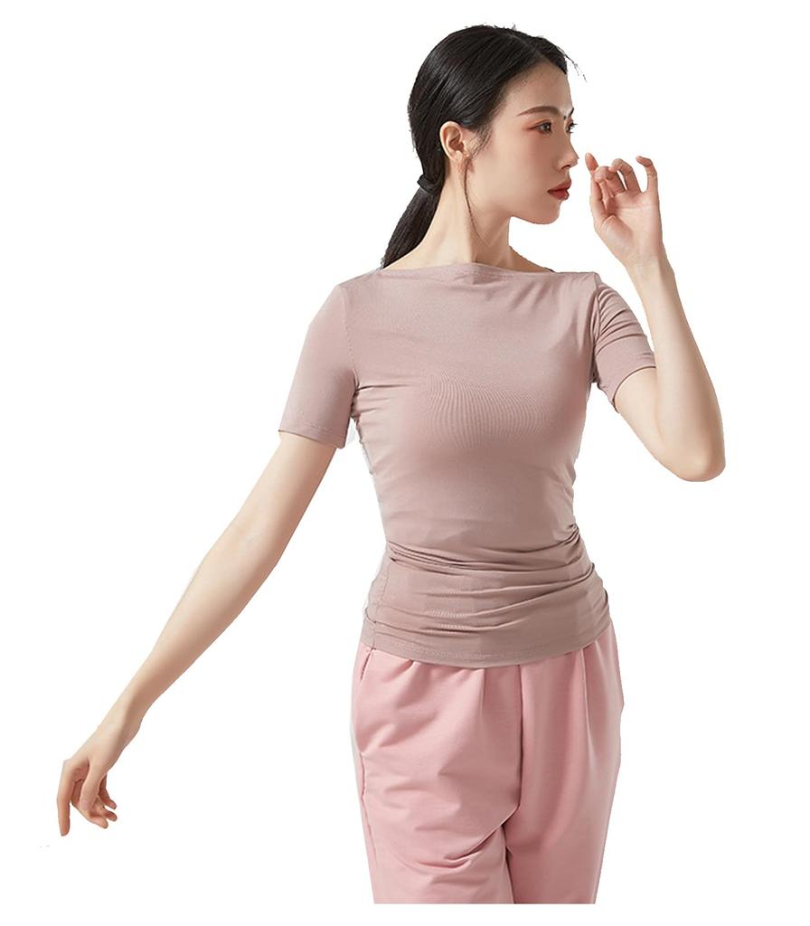 Yuoku Ballet Dance Short Sleeve Boat Neck Practice Stretch Dance Solid Classical Ballroom Dance Elastic Boat Women's Costume, Top, Wear, Top, T-Shirt,