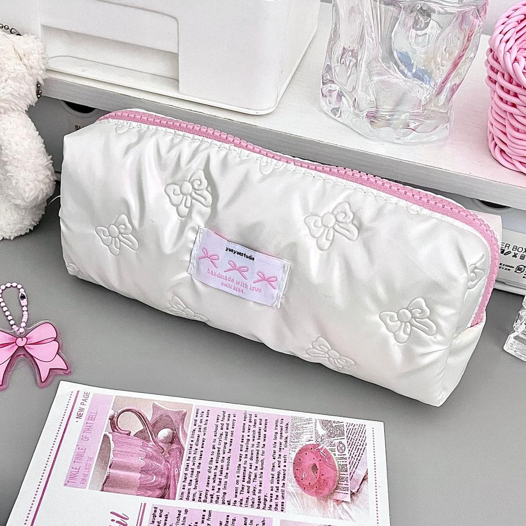 New Bow Cosmetics Bag Ins High Beauty Cute And Compact Stationery Pen Storage Bag Large Capacity Student Makeup Bag