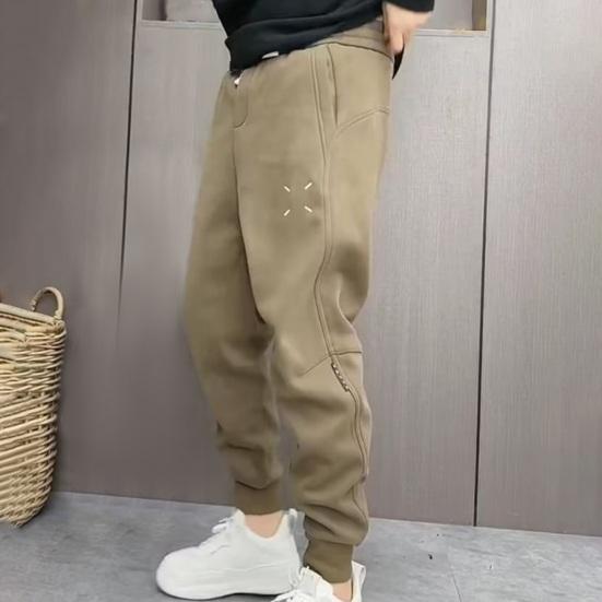 Men Pants Drawstring Elastic Waist Ankle-banded Patchwork Casual Soft Warm Pockets Loose Ninth Pants