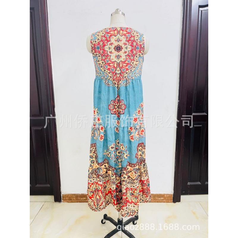Printed Sleeveless V-neck Vest Dress Fashion Vacation Loose A-line Vintage Bohe Dress for Women O Neck Summer Elegant Fashion Casual Simple Clothing